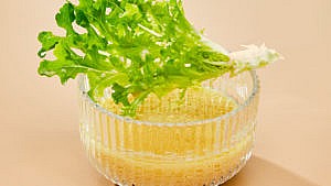 A small bunch of vegetable leaves set atop a bowl of universal vinaigrette